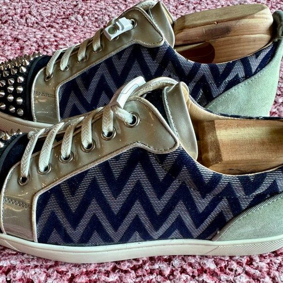 Louboutin Junior Spikes Sneakers – Blue Chevron Canvas, Grey Leather Stud S 41 - Picture 6 of 7